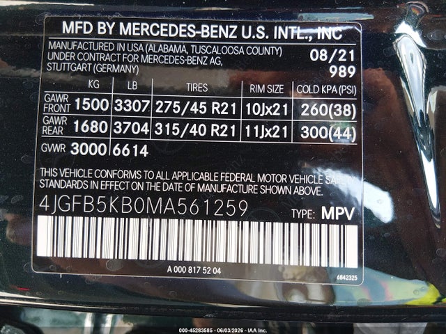 45283585 :رقم المزاد ، 4JGFB5KB0MA561259 vin ، 2021 Mercedes-benz Gle 450 4matic مزاد بيع