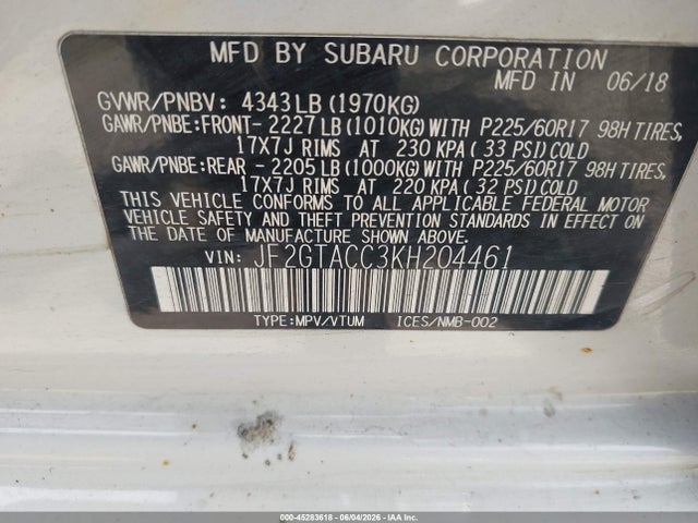 Продаж на аукціоні авто 2019 Subaru Crosstrek 2.0i Premium, vin: JF2GTACC3KH204461, номер лоту: 45283618