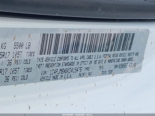 45283627 :رقم المزاد ، 1C4PJMBX6KD415476 vin ، 2019 Jeep Cherokee Trailhawk 4x4 مزاد بيع