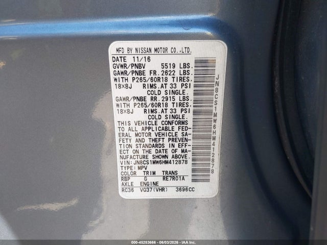 Aukcja sprzedaży 2017 Infiniti Qx70, vin: JN8CS1MW6HM412878, numer aukcji: 45283666