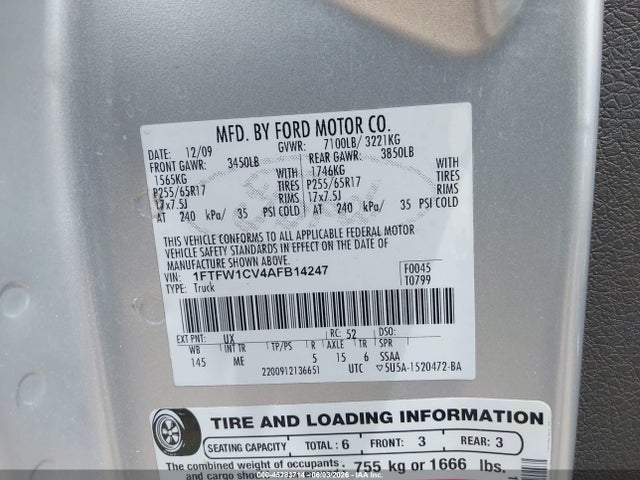 Продажа на аукционе авто 2010 Ford F-150 Fx2 Sport/harley-davidson/king Ranch/lariat/platinum/xl/xlt, vin: 1FTFW1CV4AFB14247, номер лота: 45283714