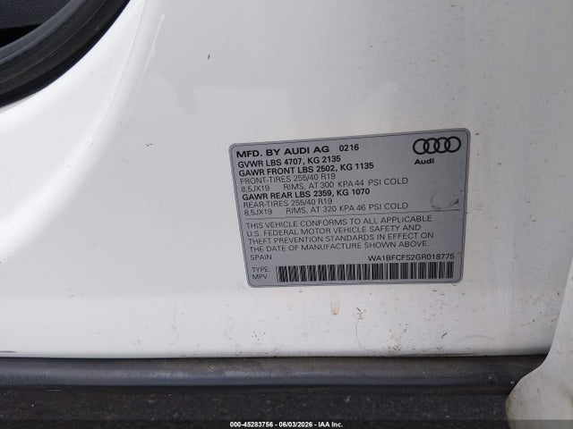 45283756 :رقم المزاد ، WA1BFCFS2GR018775 vin ، 2016 Audi Q3 2.0t Premium Plus مزاد بيع
