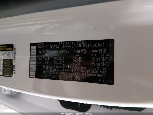 Aukcja sprzedaży 2024 Hyundai Santa Fe Hybrid Sel, vin: 5NMP2DG18RH015017, numer aukcji: 45283775