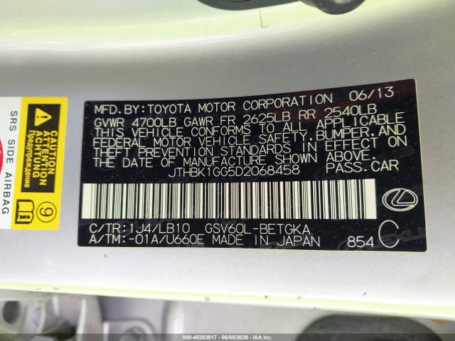 45283817 :رقم المزاد ، JTHBK1GG5D2068458 vin ، 2013 Lexus Es 350 مزاد بيع