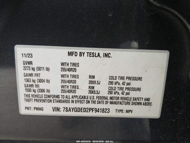 Продаж на аукціоні авто 2023 Tesla Model Y Rwd, vin: 7SAYGDED2PF941823, номер лоту: 45283839