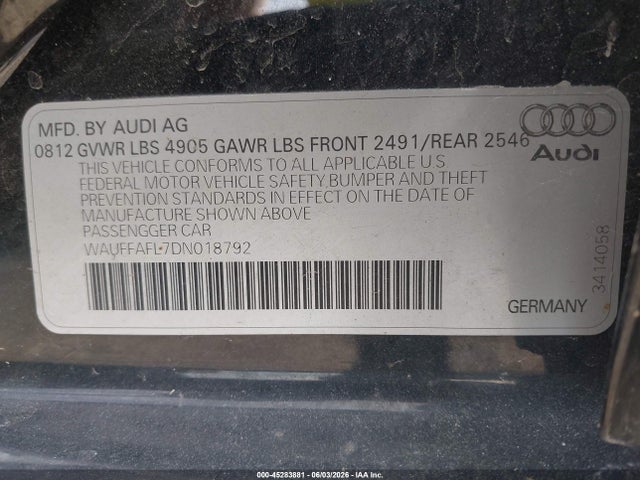 2013 Audi A4 2.0t Premium მანქანა იყიდება აუქციონზე, vin: WAUFFAFL7DN018792, აუქციონის ნომერი: 45283881