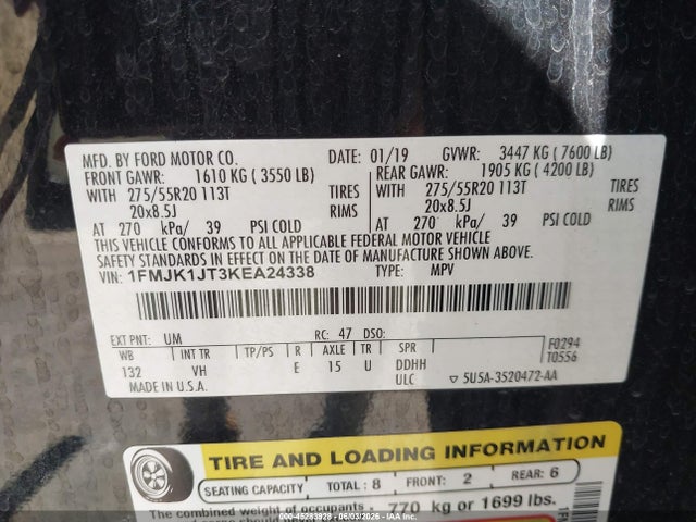 45283928 :رقم المزاد ، 1FMJK1JT3KEA24338 vin ، 2019 Ford Expedition Max Xlt مزاد بيع