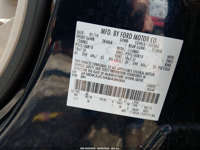 45283936 :رقم المزاد ، 2FMDK3JC3ABA96000 vin ، 2010 Ford Edge Sel مزاد بيع