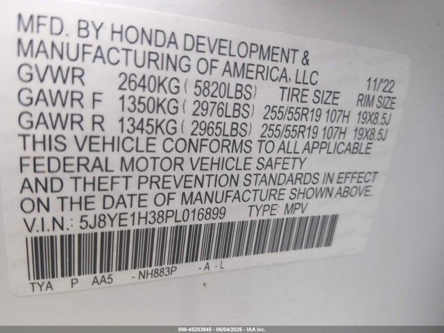 45283940 :رقم المزاد ، 5J8YE1H38PL016899 vin ، 2023 Acura Mdx Standard مزاد بيع