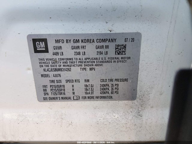 Продажа на аукционе авто 2021 Buick Encore Awd Preferred, vin: KL4CJESB6MB314262, номер лота: 45283948