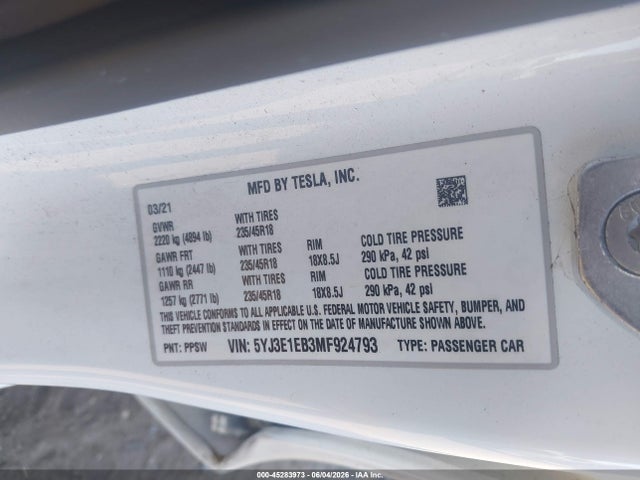 Tesla Model 3 Long Range 2021 5YJ3E1EB3MF924793 Image 9