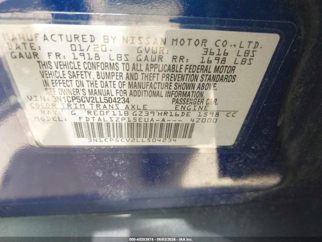 45283974 :رقم المزاد ، 3N1CP5CV2LL504234 vin ، 2020 Nissan Kicks Sv Xtronic Cvt مزاد بيع