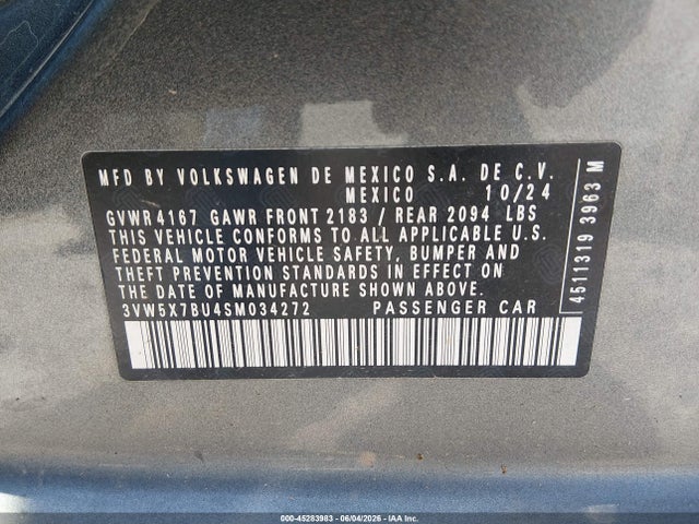 Продаж на аукціоні авто 2025 Volkswagen Jetta 1.5t S, vin: 3VW5X7BU4SM034272, номер лоту: 45283983