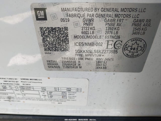 Aukcja sprzedaży 2019 Gmc Acadia Sle-2, vin: 1GKKNSLS6KZ273885, numer aukcji: 45283985