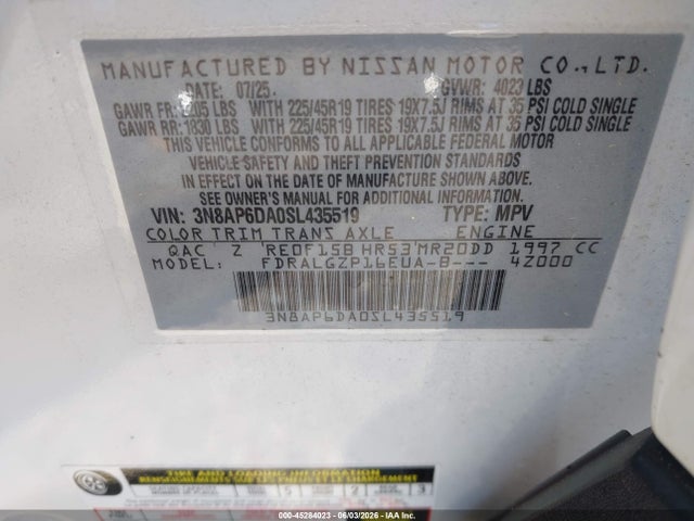 45284023 :رقم المزاد ، 3N8AP6DA0SL435519 vin ، 2025 Nissan Kicks Sr Fwd مزاد بيع