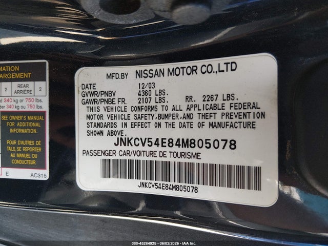 Aukcja sprzedaży 2004 Infiniti G35, vin: JNKCV54E84M805078, numer aukcji: 45284025