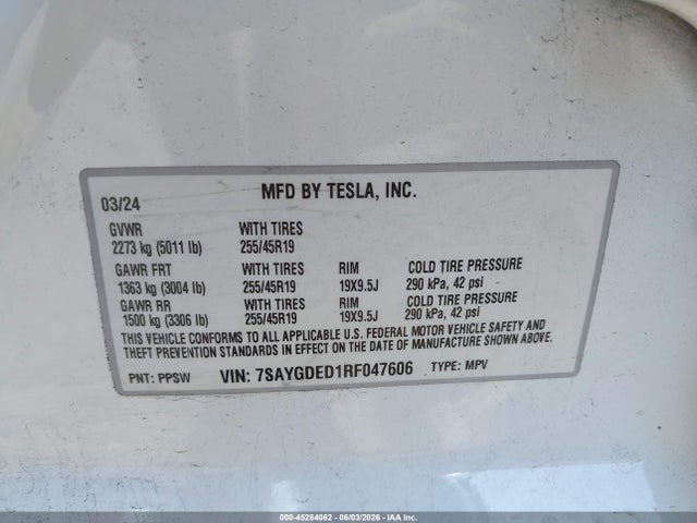Продаж на аукціоні авто 2024 Tesla Model Y Long Range Single Motor Rear-wheel Drive/rwd, vin: 7SAYGDED1RF047606, номер лоту: 45284062