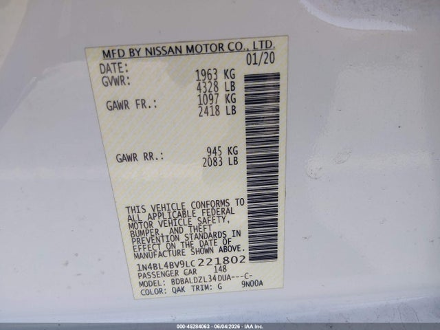 1N4BL4BV9LC221802 Nissan Altima S Fwd
