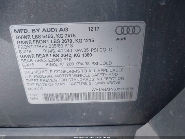 45284104 :رقم المزاد ، WA1ANAFY5J2116576 vin ، 2018 Audi Q5 2.0t Premium/2.0t Tech Premium مزاد بيع