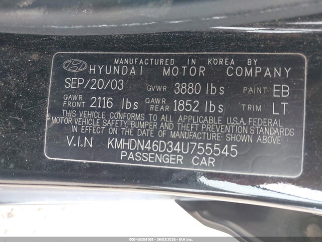 Aukcja sprzedaży 2004 Hyundai Elantra Gls/gt, vin: KMHDN46D34U755545, numer aukcji: 45284108