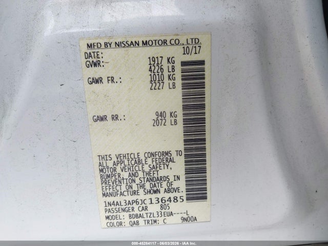 Aukcja sprzedaży 2018 Nissan Altima 2.5 Sl, vin: 1N4AL3AP6JC136485, numer aukcji: 45284117