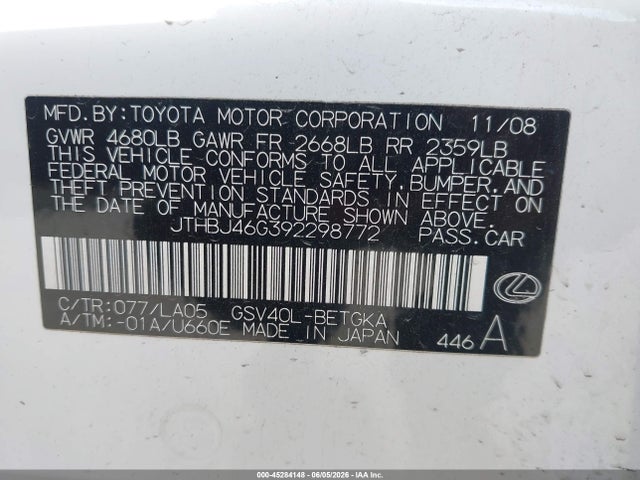 Aukcja sprzedaży 2009 Lexus Es 350, vin: JTHBJ46G392298772, numer aukcji: 45284148
