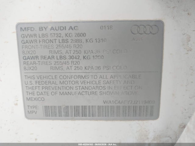 45284163 :رقم المزاد ، WA1C4AFY7J2119409 vin ، 2018 Audi Sq5 3.0t Premium Plus مزاد بيع