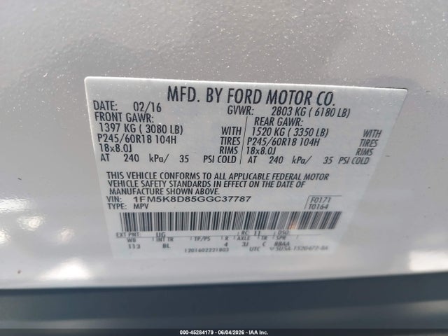 Продаж на аукціоні авто 2016 Ford Explorer Xlt, vin: 1FM5K8D85GGC37787, номер лоту: 45284179