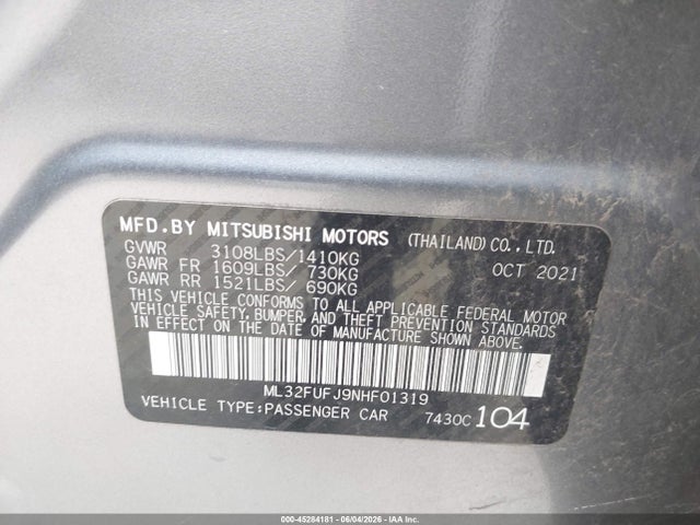 Aukcja sprzedaży 2022 Mitsubishi Mirage G4 Black Edition/es/le, vin: ML32FUFJ9NHF01319, numer aukcji: 45284181
