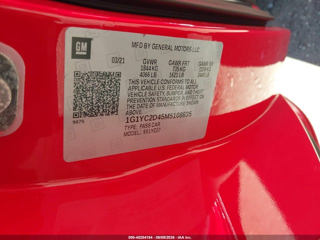 Продажа на аукционе авто 2021 Chevrolet Corvette Stingray Rwd  3lt, vin: 1G1YC2D45M5108635, номер лота: 45284194