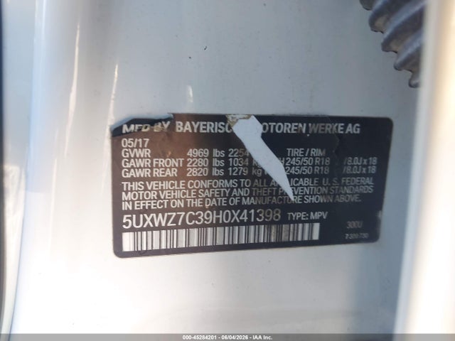 45284201 :رقم المزاد ، 5UXWZ7C39H0X41398 vin ، 2017 Bmw X3 Sdrive28i مزاد بيع