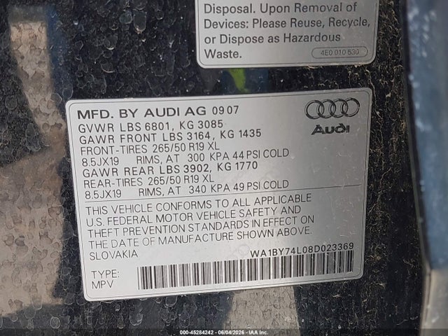 Продажа на аукционе авто 2008 Audi Q7 3.6 Premium, vin: WA1BY74L08D023369, номер лота: 45284242