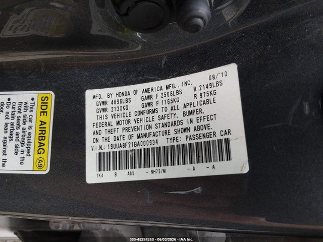 45284260 :رقم المزاد ، 19UUA8F21BA000934 vin ، 2011 Acura Tl 3.5 مزاد بيع