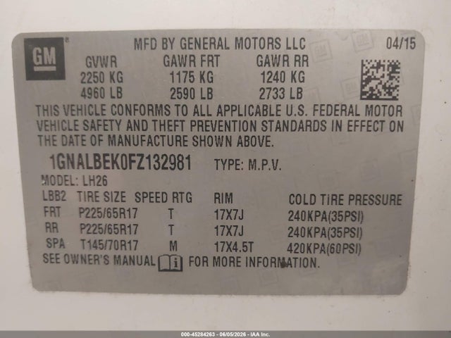 Продаж на аукціоні авто 2015 Chevrolet Equinox 1lt, vin: 1GNALBEK0FZ132981, номер лоту: 45284263