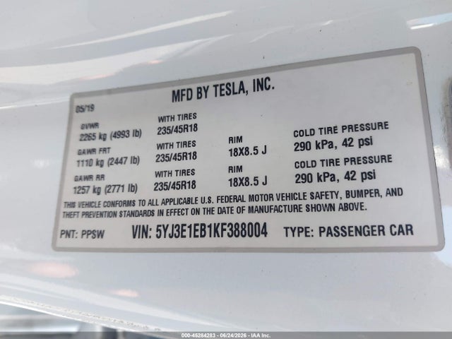 Tesla Model 3 Long Range/performance 2019 5YJ3E1EB1KF388004 Image 9