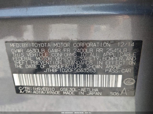 Aukcja sprzedaży 2015 Lexus Is 250, vin: JTHBF1D20F5063263, numer aukcji: 45284303