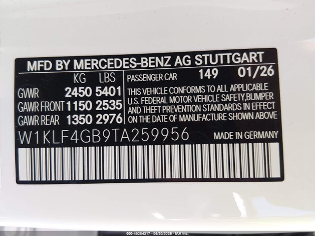 Auction sale of the 2026 Mercedes-benz E 350, vin: W1KLF4GB9TA259956, lot number: 45284317