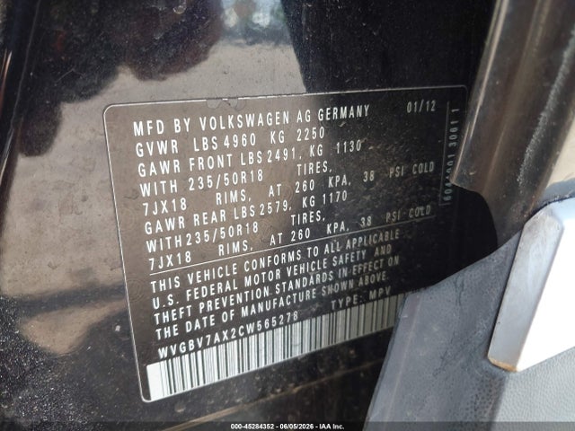Aukcja sprzedaży 2012 Volkswagen Tiguan Se, vin: WVGBV7AX2CW565278, numer aukcji: 45284352