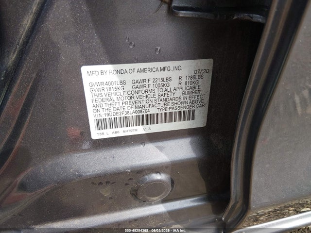 45284368 :رقم المزاد ، 19UDE2F38LA008704 vin ، 2020 Acura Ilx Standard مزاد بيع