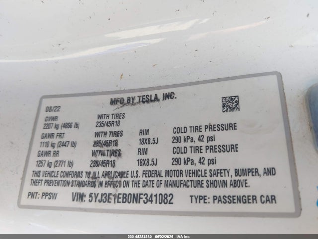 Aukcja sprzedaży 2022 Tesla Model 3 Long Range Dual Motor All-wheel Drive, vin: 5YJ3E1EB0NF341082, numer aukcji: 45284380