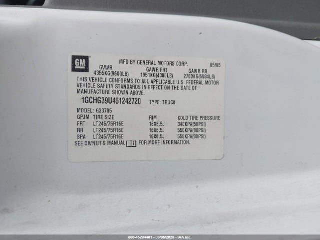 Продаж на аукціоні авто 2005 Chevrolet Express, vin: 1GCHG39U451242720, номер лоту: 45284401