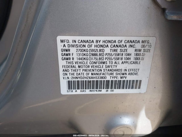 2010 Acura Mdx მანქანა იყიდება აუქციონზე, vin: 2HNYD2H2XAH533800, აუქციონის ნომერი: 45284403