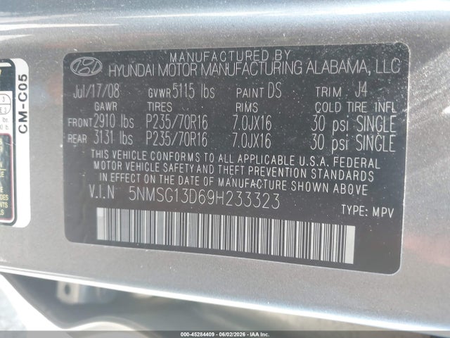 Продаж на аукціоні авто 2009 Hyundai Santa Fe Gls, vin: 5NMSG13D69H233323, номер лоту: 45284409