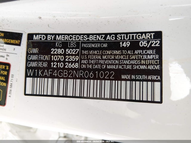 Aukcja sprzedaży 2022 Mercedes-benz C 300 Sedan, vin: W1KAF4GB2NR061022, numer aukcji: 45284434