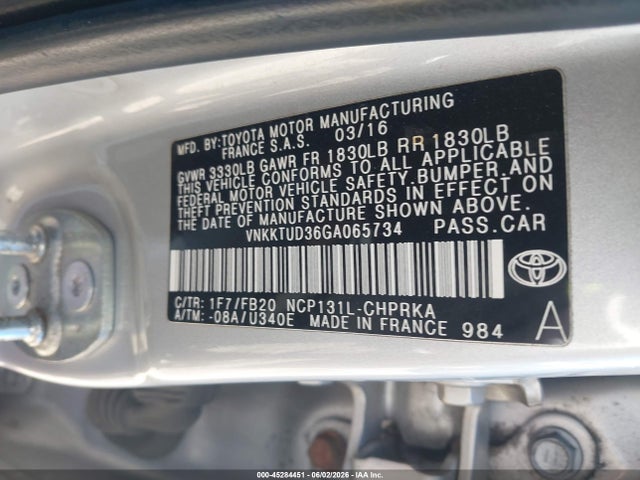 Aukcja sprzedaży 2016 Toyota Yaris Le, vin: VNKKTUD36GA065734, numer aukcji: 45284451