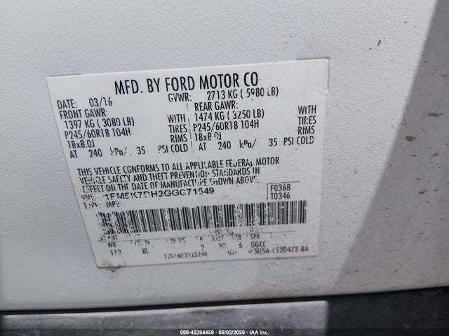 Продажа на аукционе авто 2016 Ford Explorer Xlt, vin: 1FM5K7DH2GGC71549, номер лота: 45284459