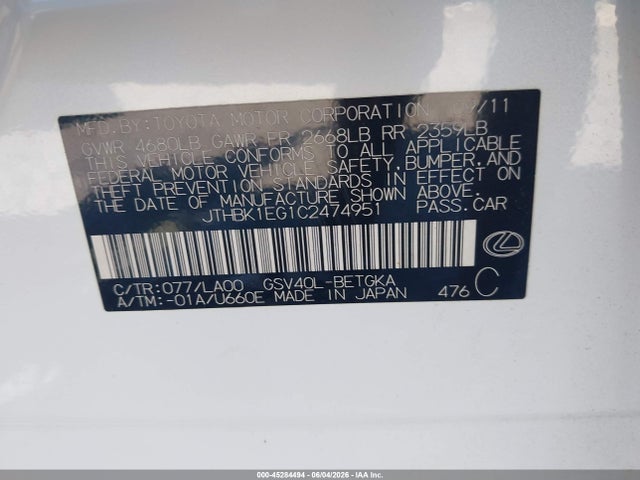 Aukcja sprzedaży 2012 Lexus Es 350, vin: JTHBK1EG1C2474951, numer aukcji: 45284494