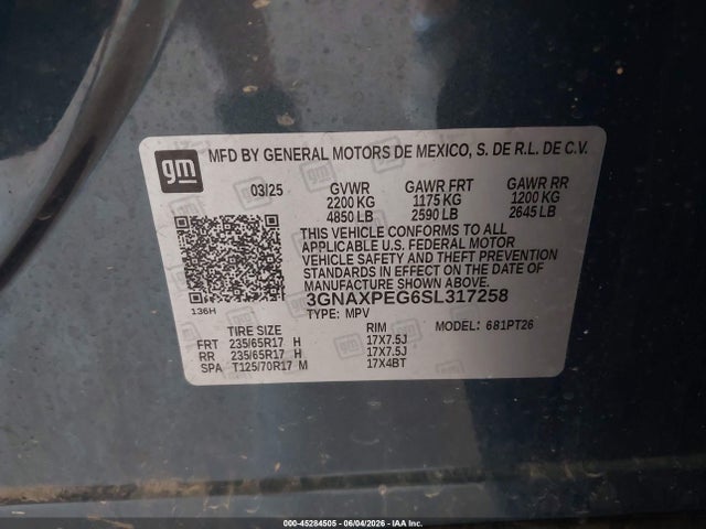Auction sale of the 2025 Chevrolet Equinox Awd Lt, vin: 3GNAXPEG6SL317258, lot number: 45284505