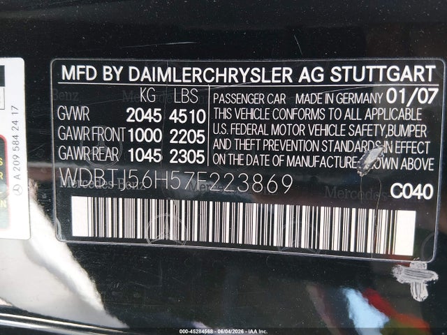 Aukcja sprzedaży 2007 Mercedes-benz Clk 350, vin: WDBTJ56H57F223869, numer aukcji: 45284568