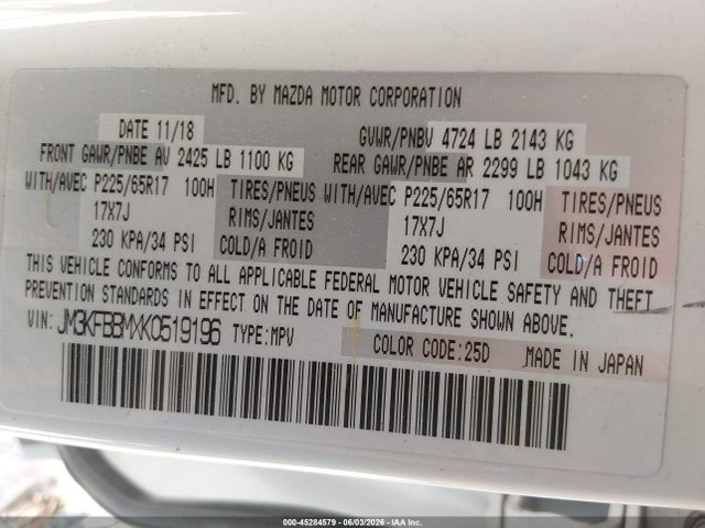 Aukcja sprzedaży 2019 Mazda Cx-5 Sport, vin: JM3KFBBMXK0519196, numer aukcji: 45284579